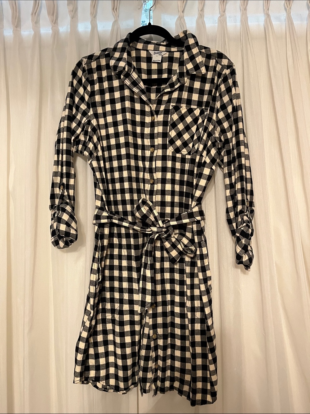 Duluth Trading Co Black & White flannel buffalo check Tie-Waist Shirt Dress